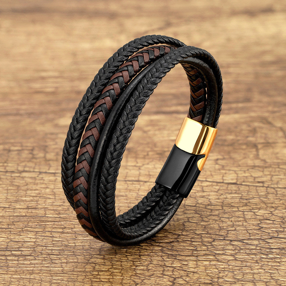 Men's Popular Stainless Steel Leather Cord Bracelet Jewelry