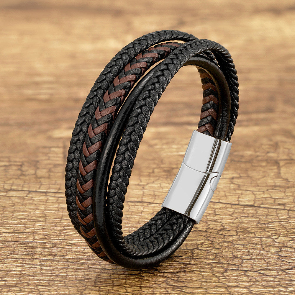 Men's Popular Stainless Steel Leather Cord Bracelet Jewelry