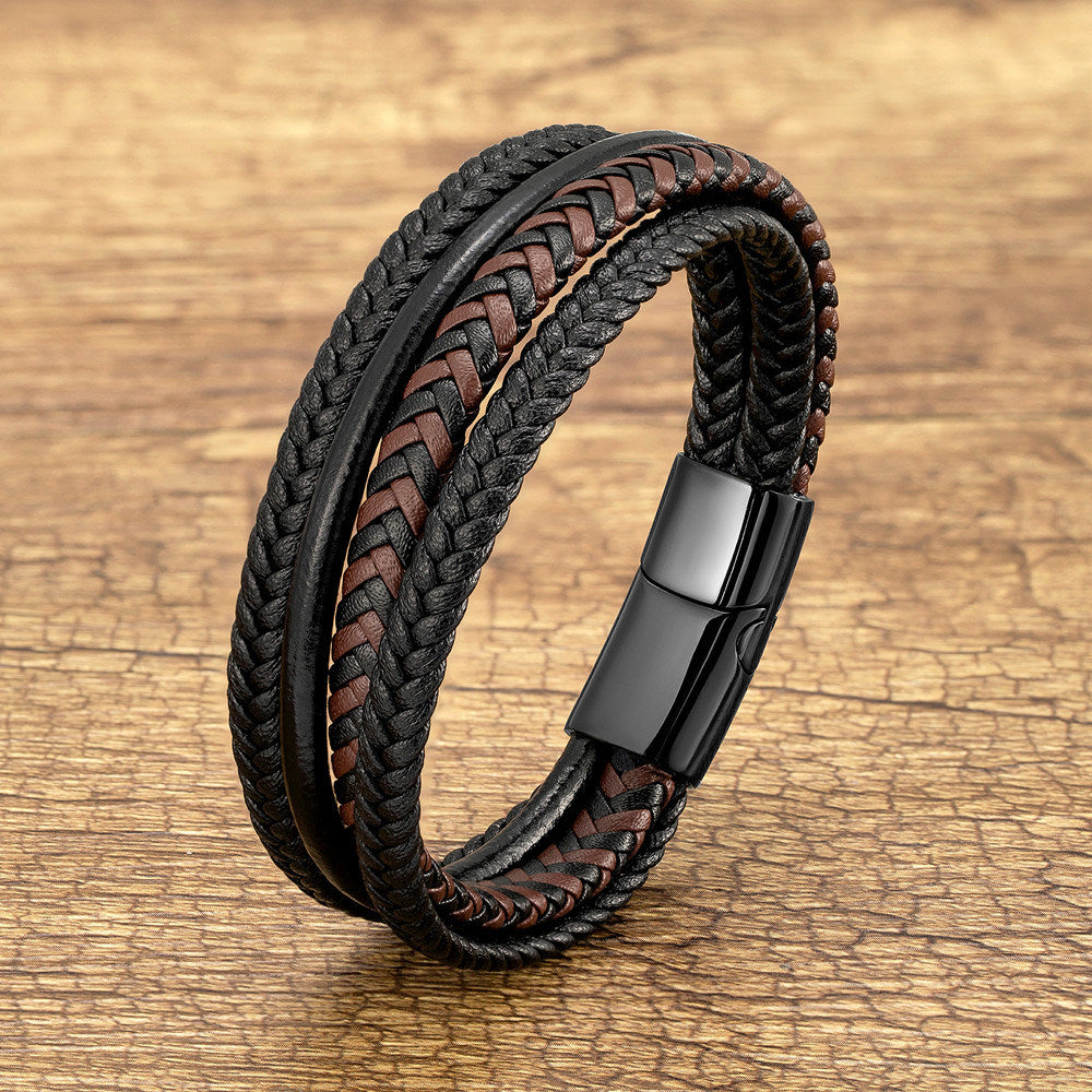 Men's Popular Stainless Steel Leather Cord Bracelet Jewelry