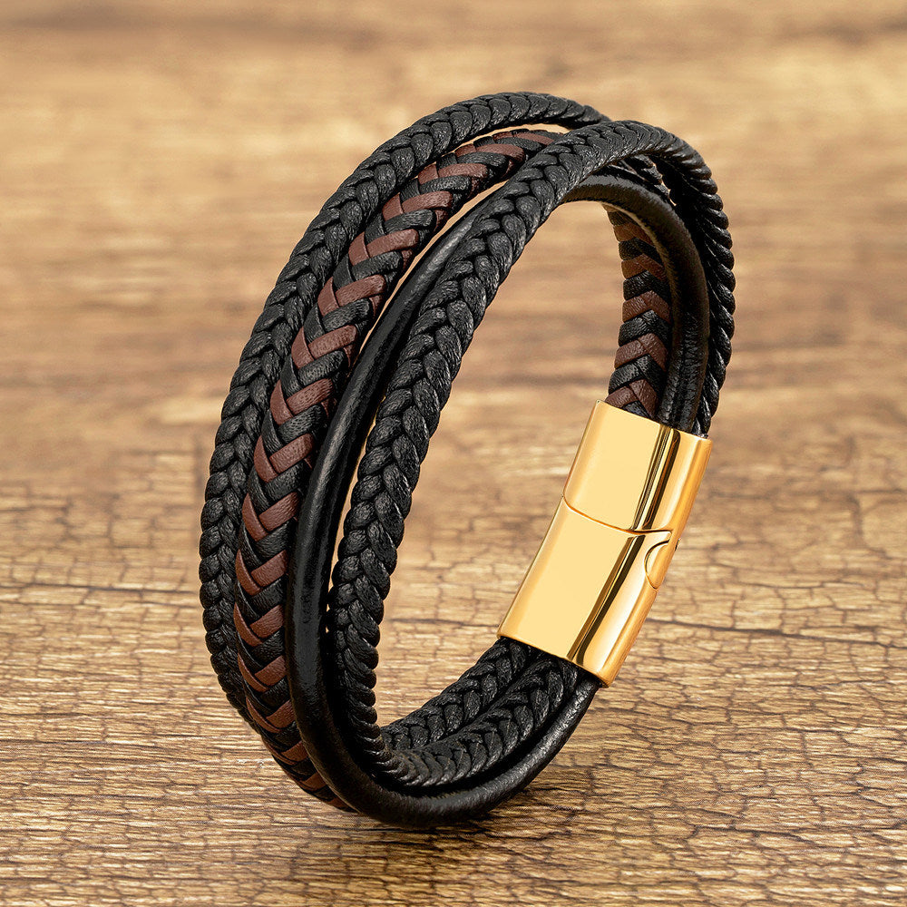 Men's Popular Stainless Steel Leather Cord Bracelet Jewelry