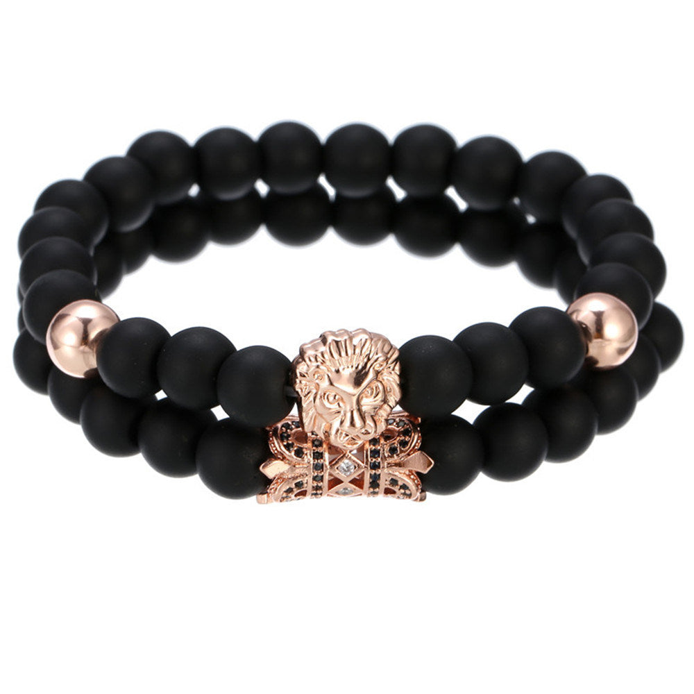 Black Frosted Copper Bead Bracelet Lion's Head Micro-inlaid Round Tube Wristband Bracelet Set