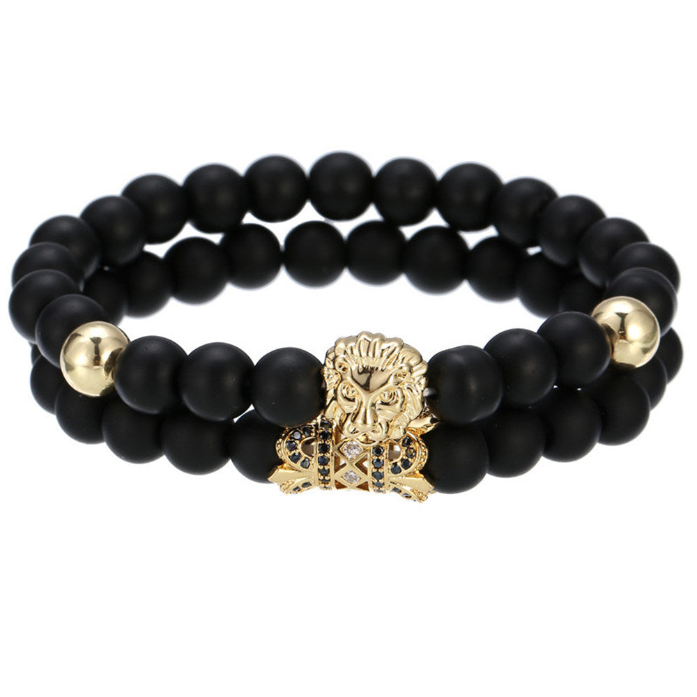 Black Frosted Copper Bead Bracelet Lion's Head Micro-inlaid Round Tube Wristband Bracelet Set