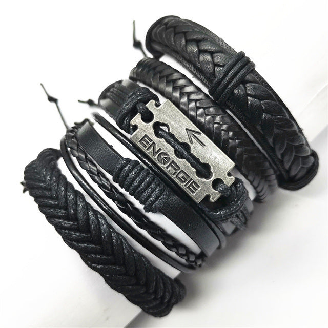 Black Feather Men's Bracelet 5 Pieces Set Wristband