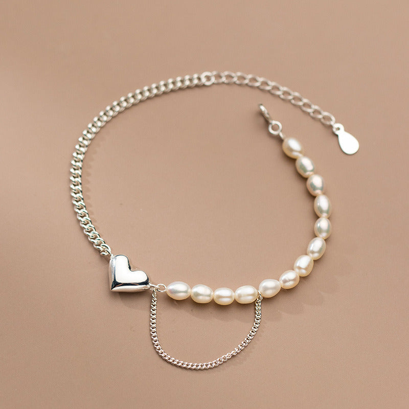 Silver Love Pearl Chain Bracelet Heart Shape