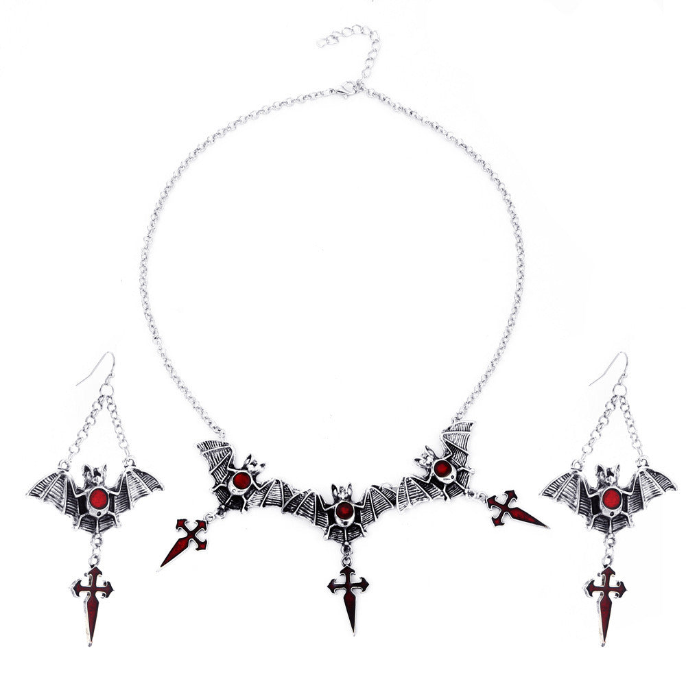 Bat Earrings Cross Pendant Necklace Set