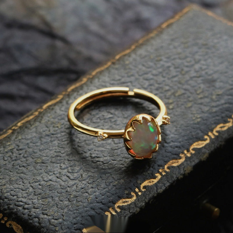 Female Luxury Retro Opal Stone Necklace Ring