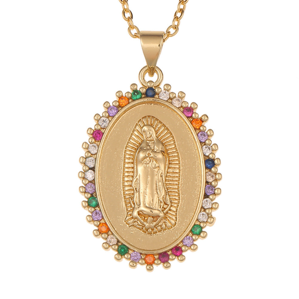 Women's Religious Jewelry Copper Micro-encrusted Zirconia Virgin Mary Pendant Devotee Necklace