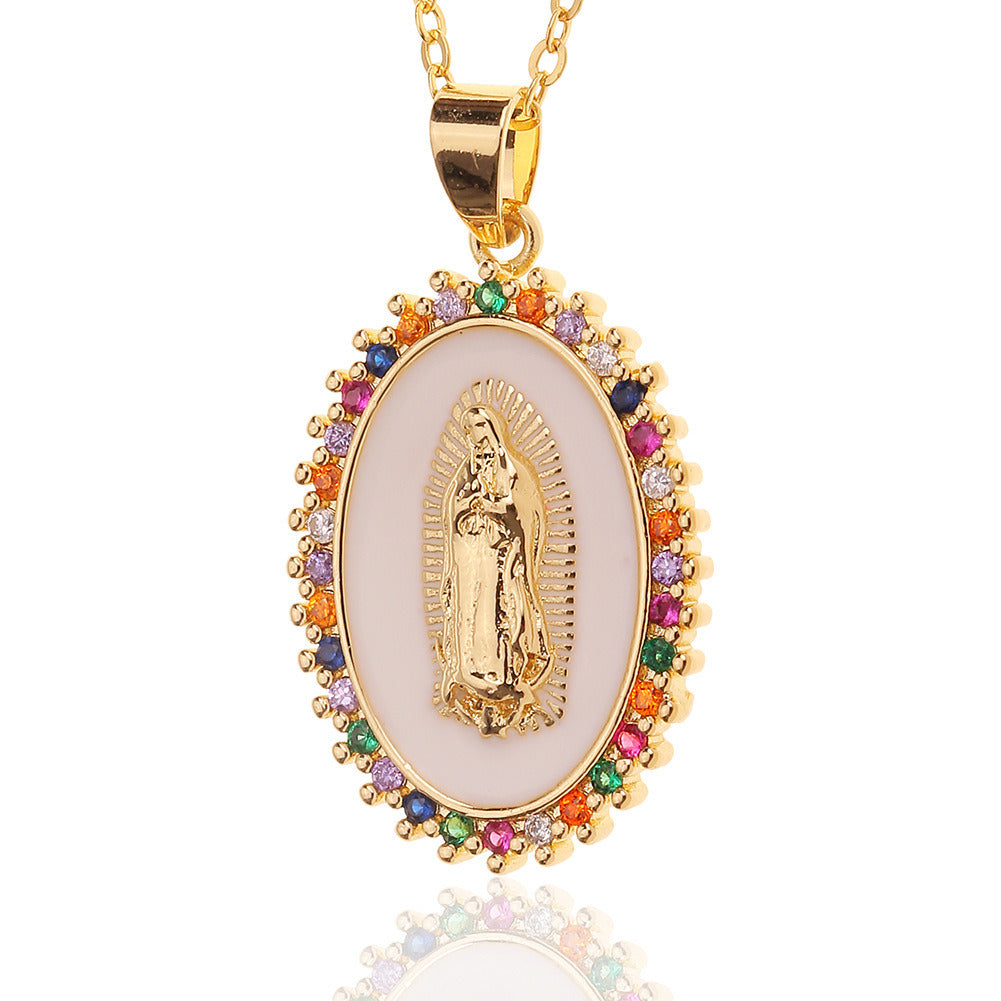 Women's Religious Jewelry Copper Micro-encrusted Zirconia Virgin Mary Pendant Devotee Necklace