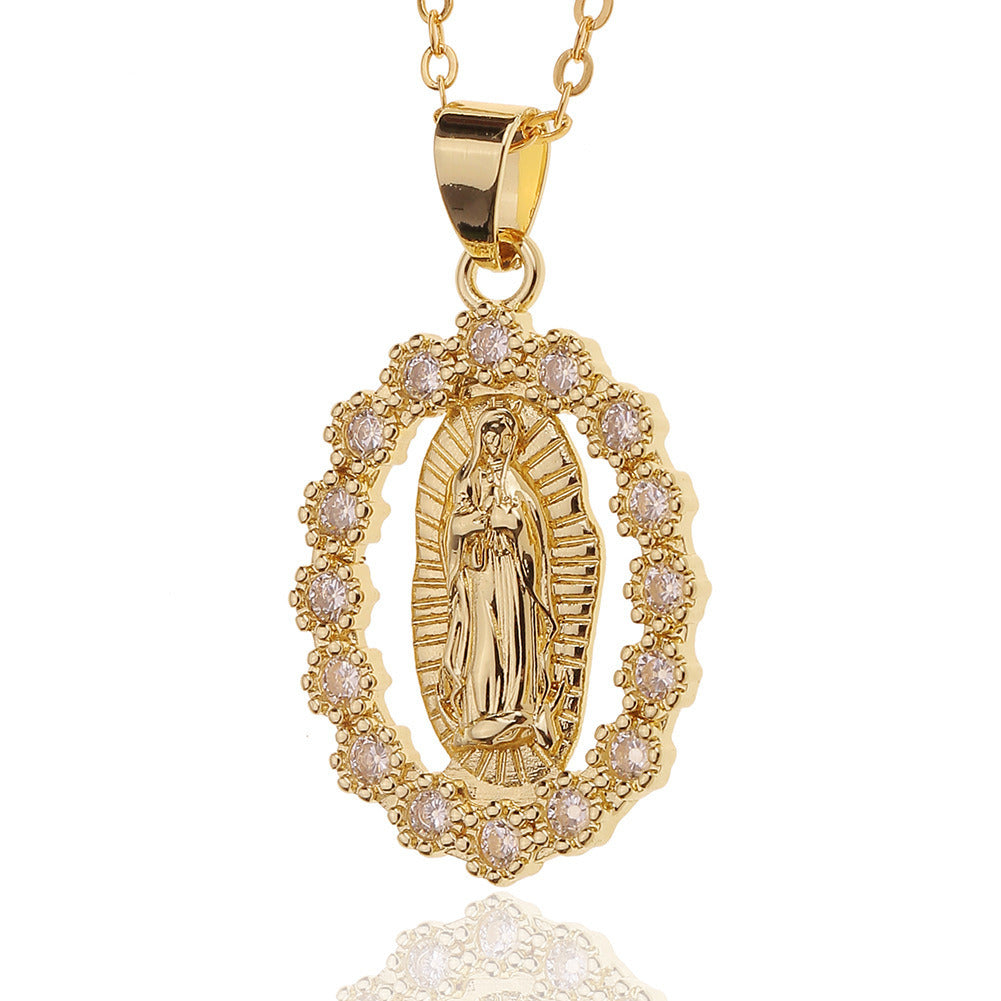 Women's Religious Jewelry Copper Micro-encrusted Zirconia Virgin Mary Pendant Devotee Necklace