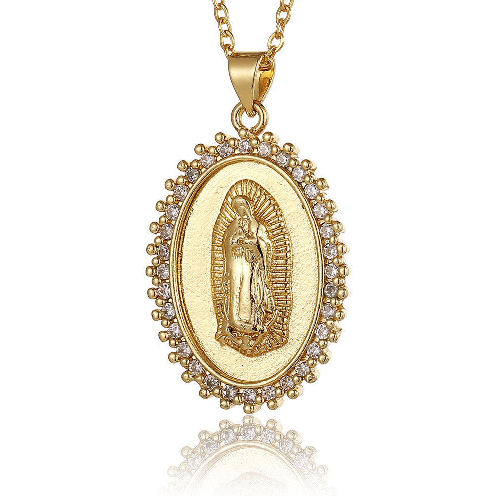 Women's Religious Jewelry Copper Micro-encrusted Zirconia Virgin Mary Pendant Devotee Necklace