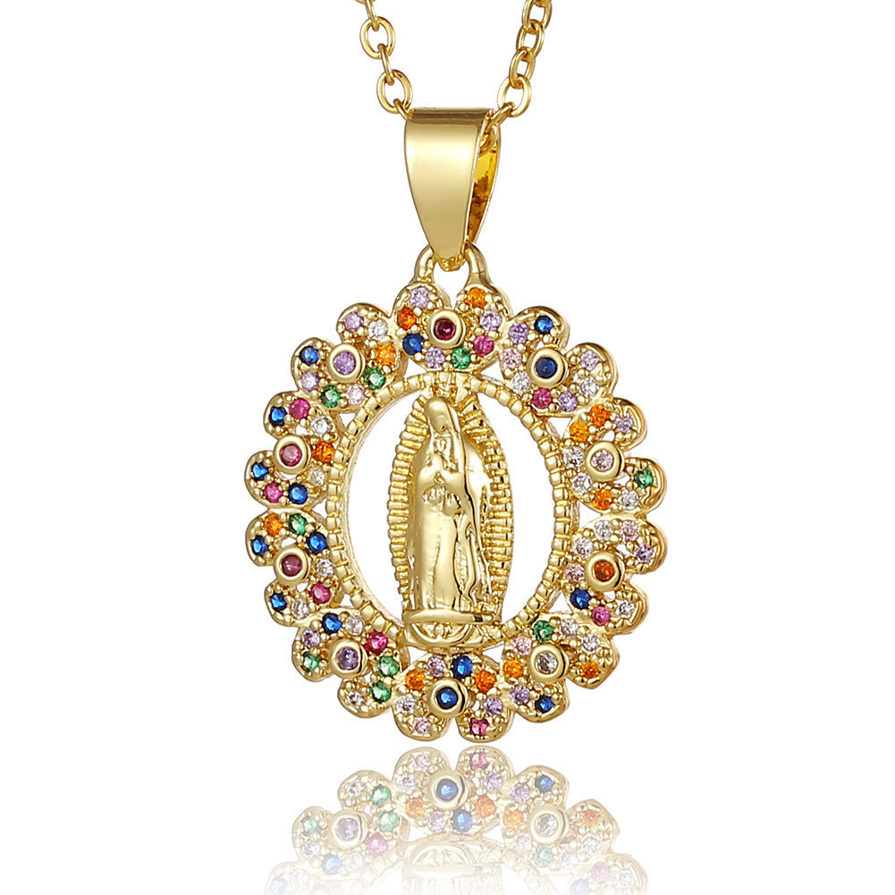 Women's Religious Jewelry Copper Micro-encrusted Zirconia Virgin Mary Pendant Devotee Necklace