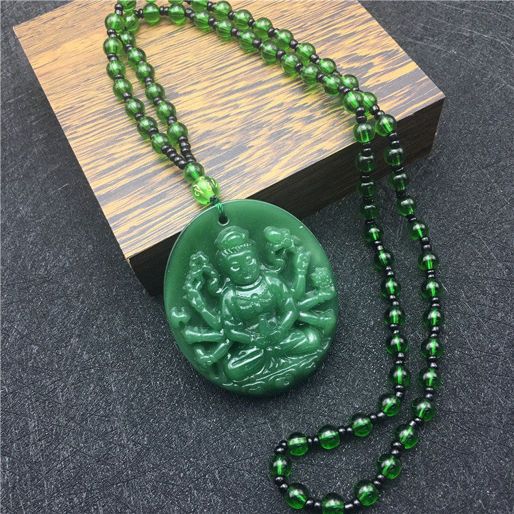 New Retro Jade-like Guanyin Buddha Pendant Emerald Dragon Sweater Chain Necklace