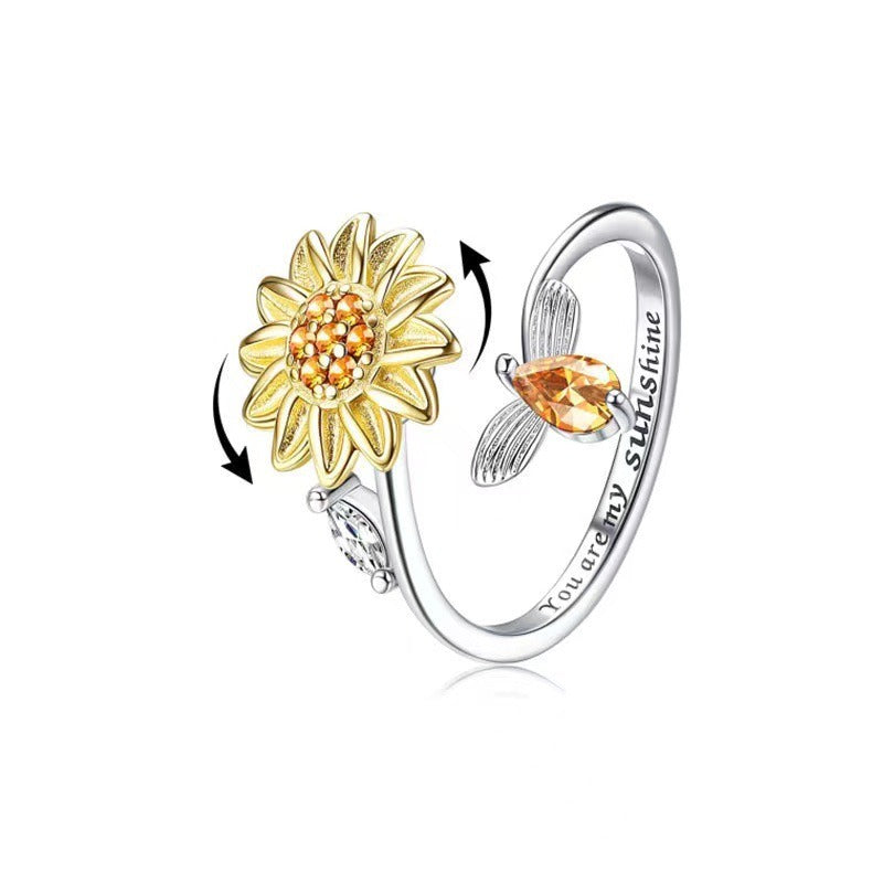 S925 Silver Sunflower Rotating Ring Compression Adjustable