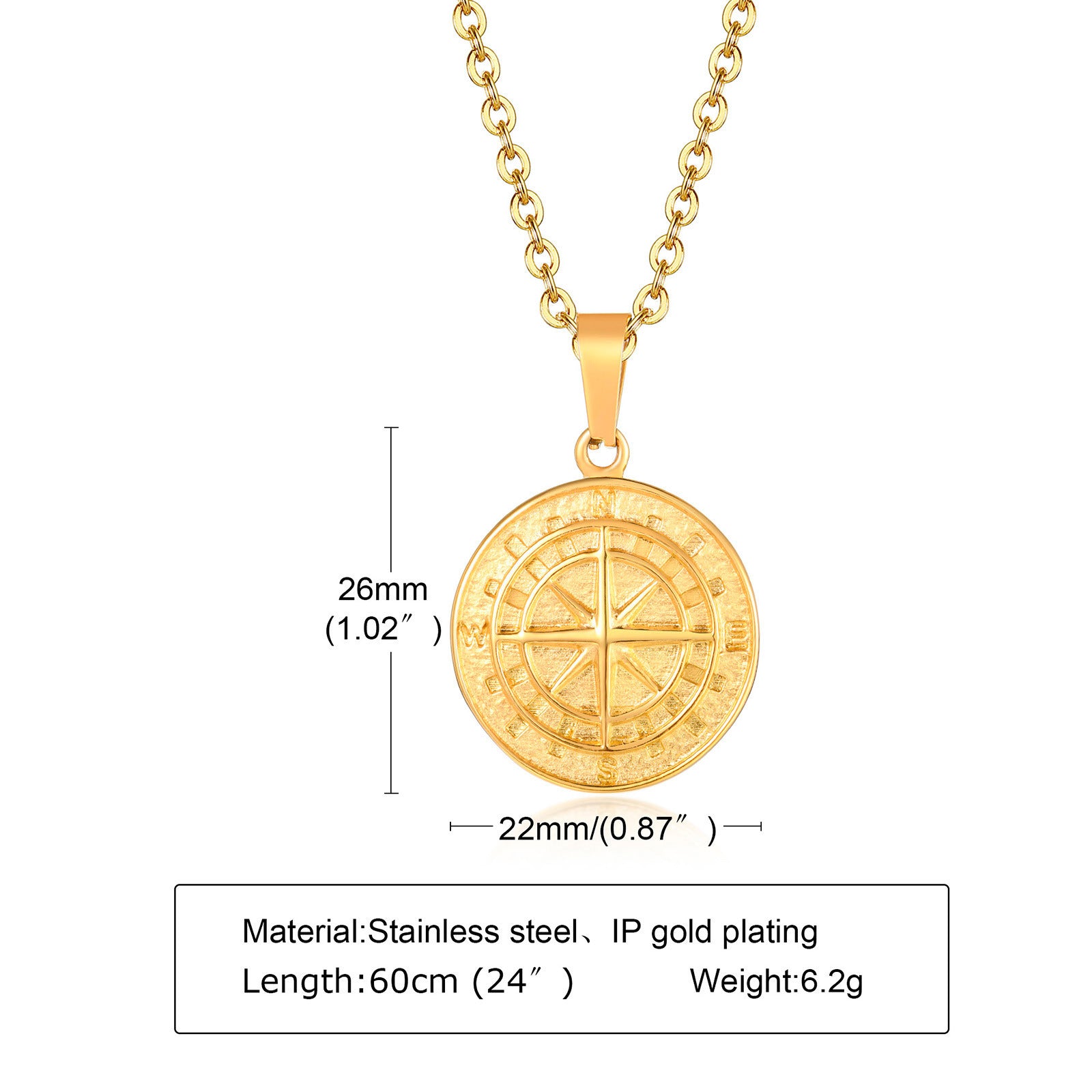 Stainless Steel Compass Pendant Gold Necklace