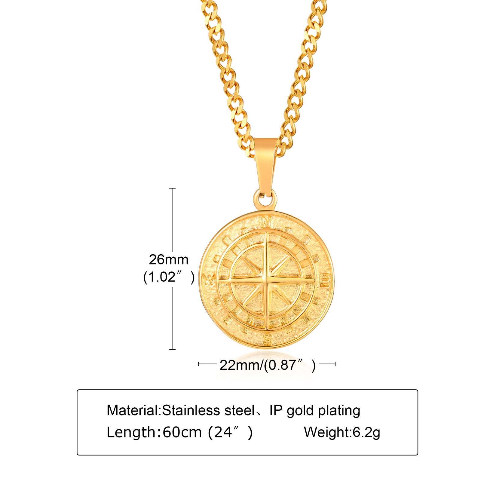 Stainless Steel Compass Pendant Gold Necklace