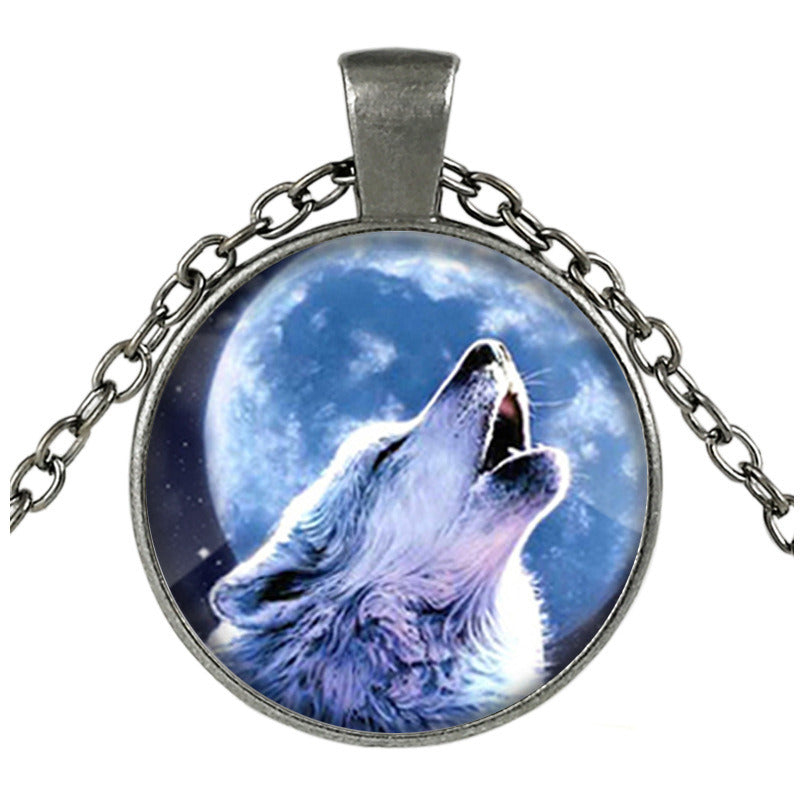 European And American New Bronze Glass Ornament Wolf Totem Time Stone Pendant Necklace