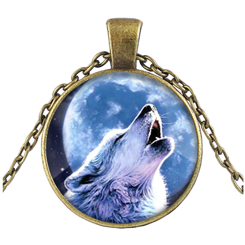 European And American New Bronze Glass Ornament Wolf Totem Time Stone Pendant Necklace