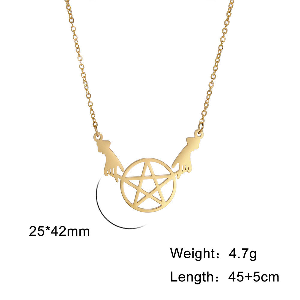 Stainless Steel Pendant Necklace With Two-handed Ring Hollow Five-pointed Star