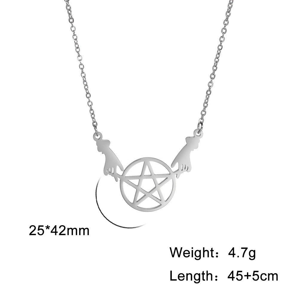 Stainless Steel Pendant Necklace With Two-handed Ring Hollow Five-pointed Star