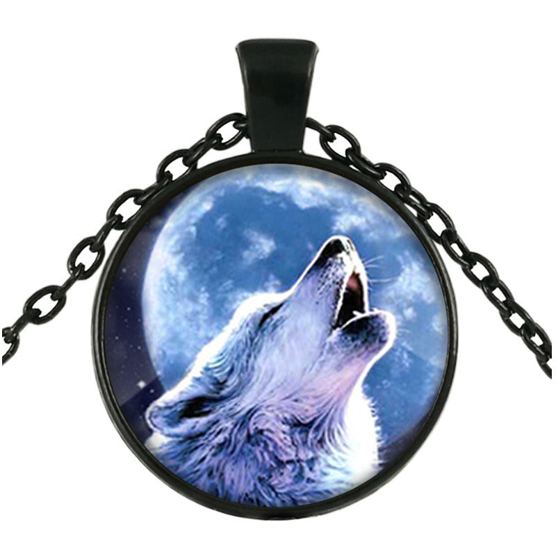 European And American New Bronze Glass Ornament Wolf Totem Time Stone Pendant Necklace