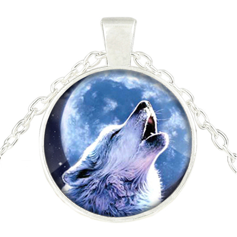 European And American New Bronze Glass Ornament Wolf Totem Time Stone Pendant Necklace