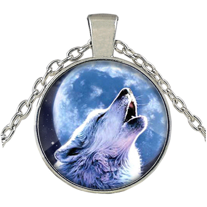 European And American New Bronze Glass Ornament Wolf Totem Time Stone Pendant Necklace