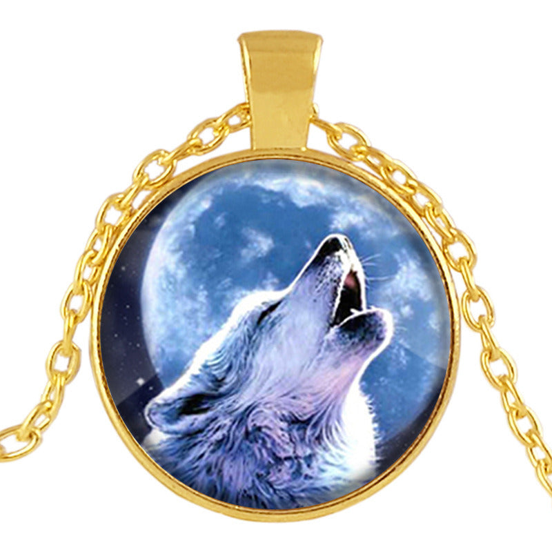 European And American New Bronze Glass Ornament Wolf Totem Time Stone Pendant Necklace