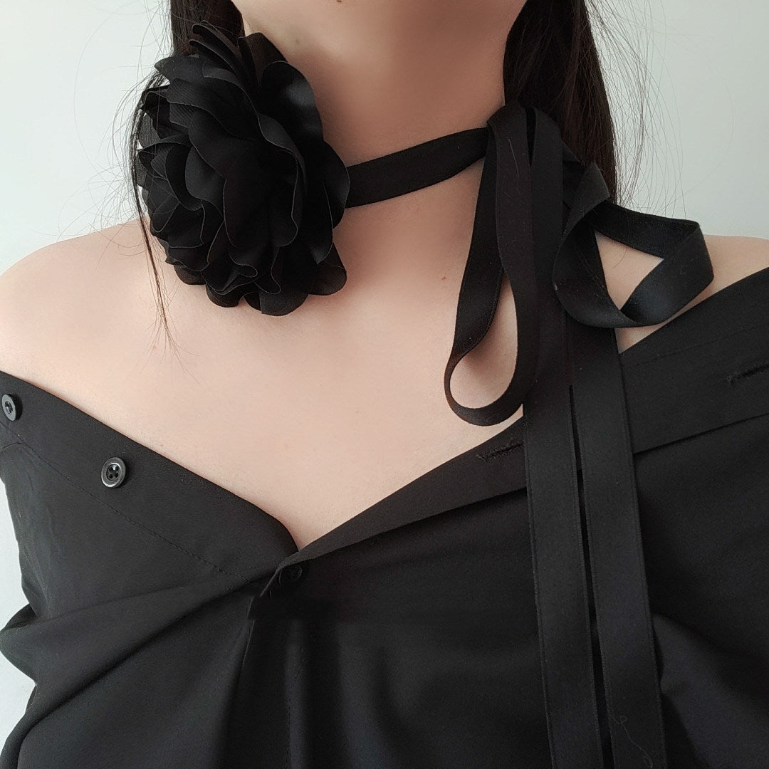 Vintage Dark Black Lace Three-dimensional Large Flower Collar Female