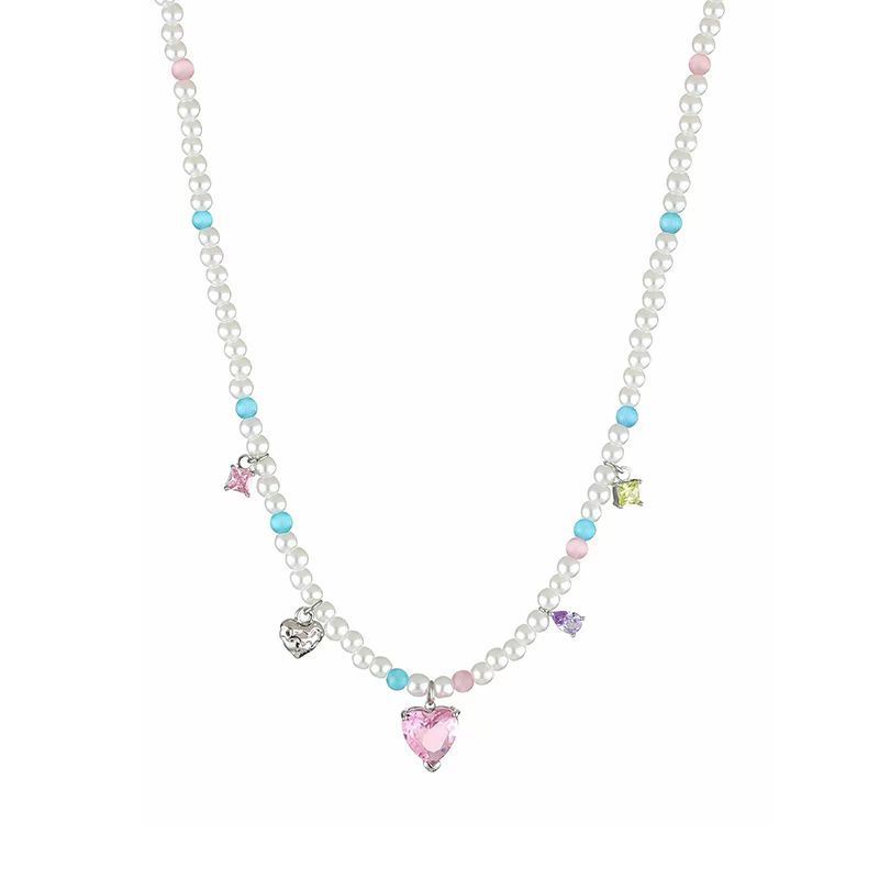 Zircon Heart Pendant Pearl Mixed Crystal Necklace