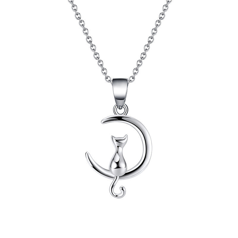 Sterling Silver Necklace Temperament Moon Cat Pendant