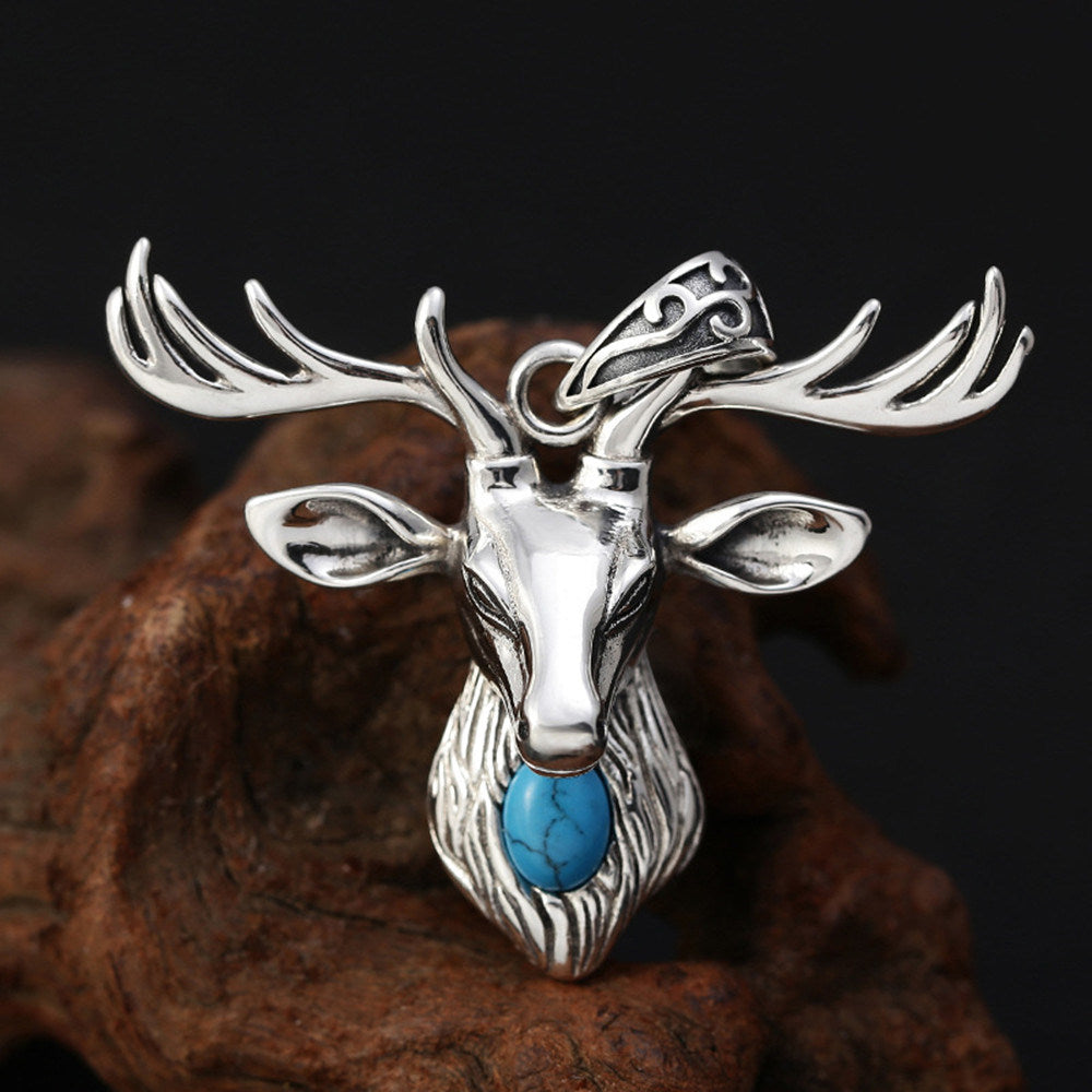 Sterling Silver Statement Necklace Pendant With Turquoise Deer Head