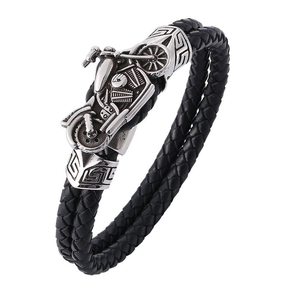 Men's Weaving Motorcycle Stainless Steel Leather Bracelet