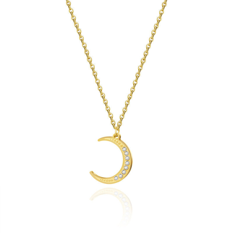 Micro Diamond Crescent Pendant Titanium Steel Necklace