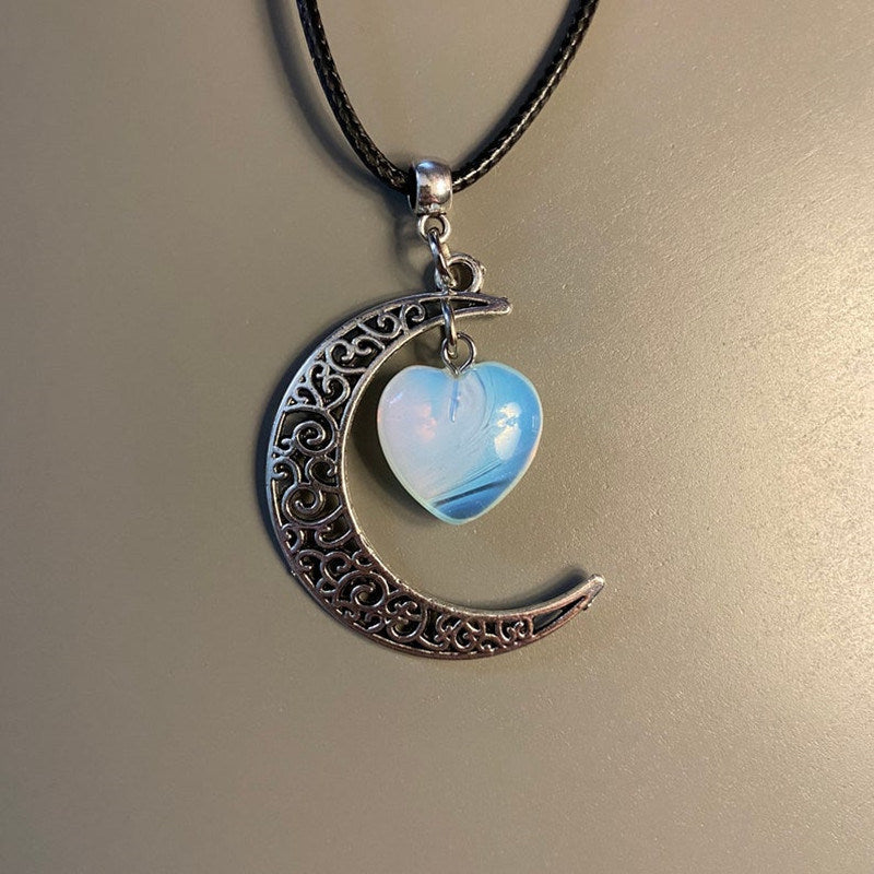 Jewelry Heart Stone Crystal Necklace Retro Moon