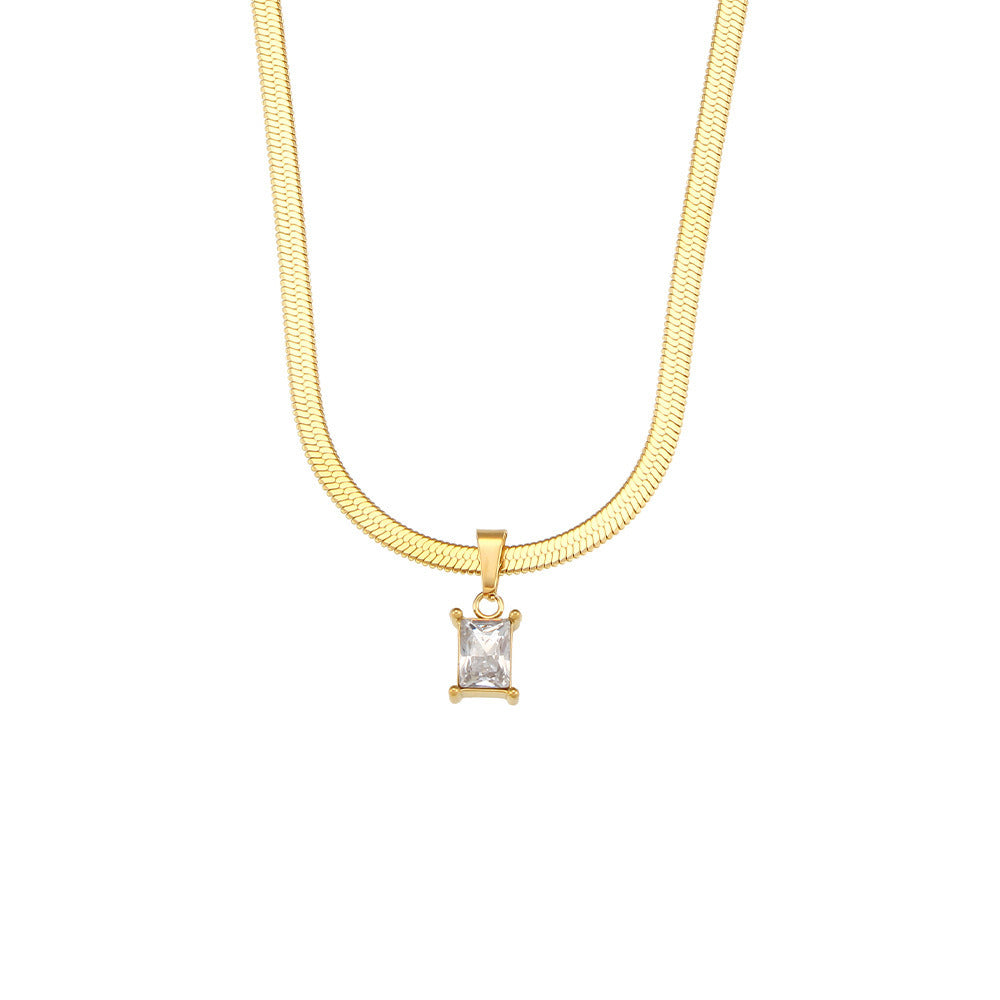 Stainless Steel 18K Gold Plated Flat Snake Chain Square Diamond Pendant Necklace