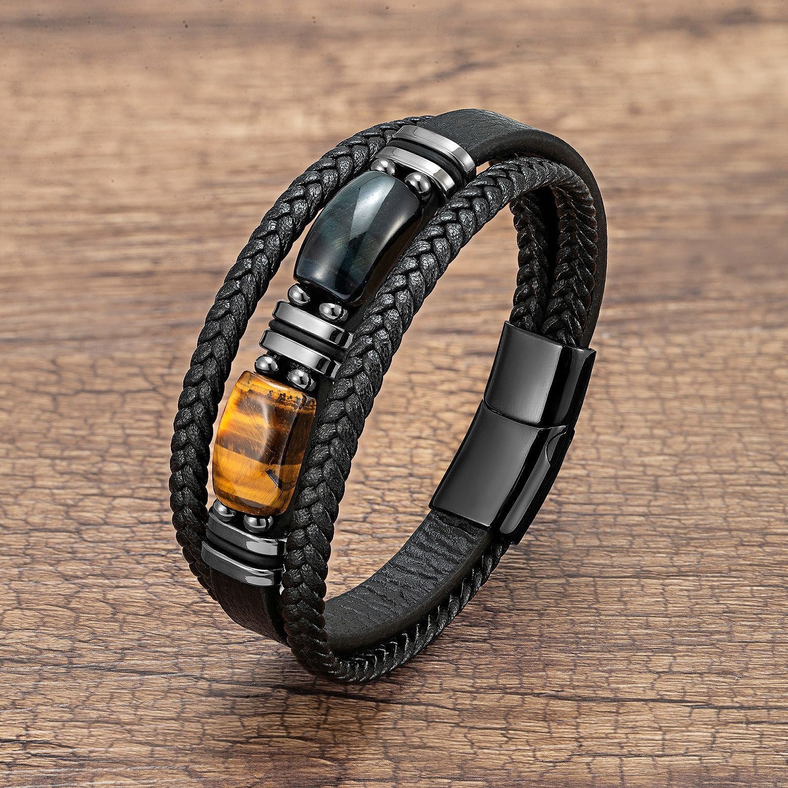 Men's Tiger Eye Bracelet Multilayer Leather Strap