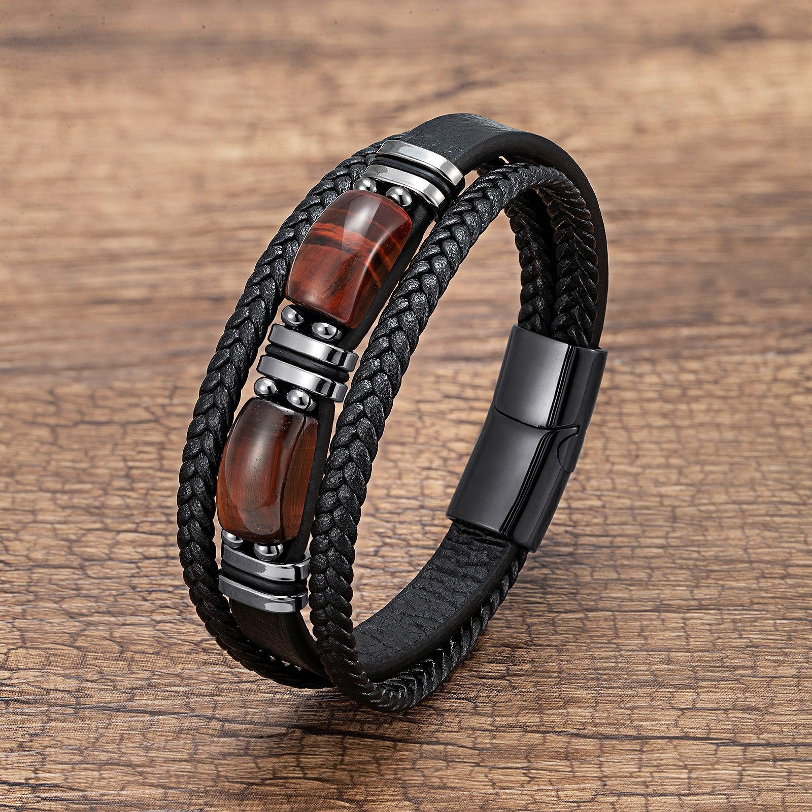 Men's Tiger Eye Bracelet Multilayer Leather Strap