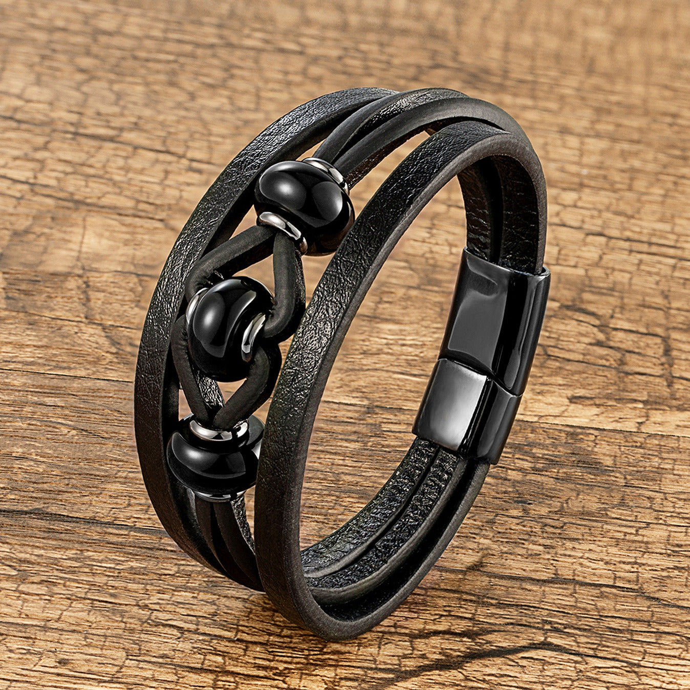 Leather Rope Bracelet Stainless Steel Buckle Multi Layer Leather Men