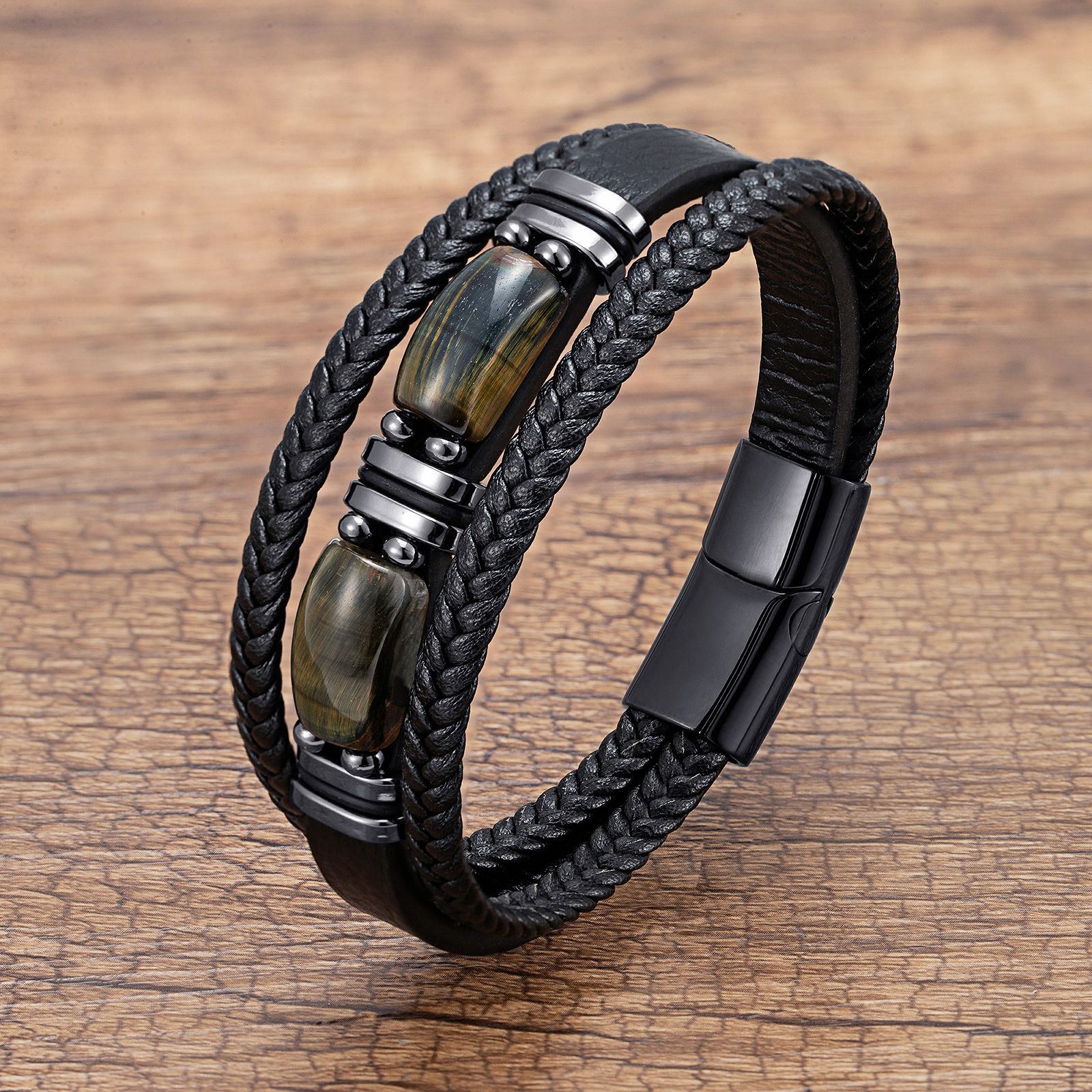 Men's Tiger Eye Bracelet Multilayer Leather Strap