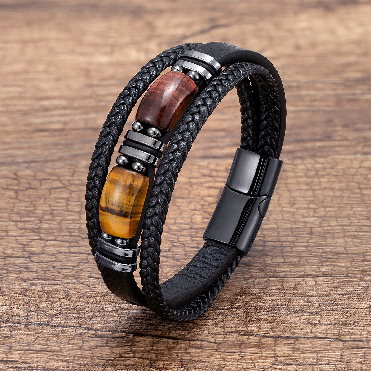 Men's Tiger Eye Bracelet Multilayer Leather Strap