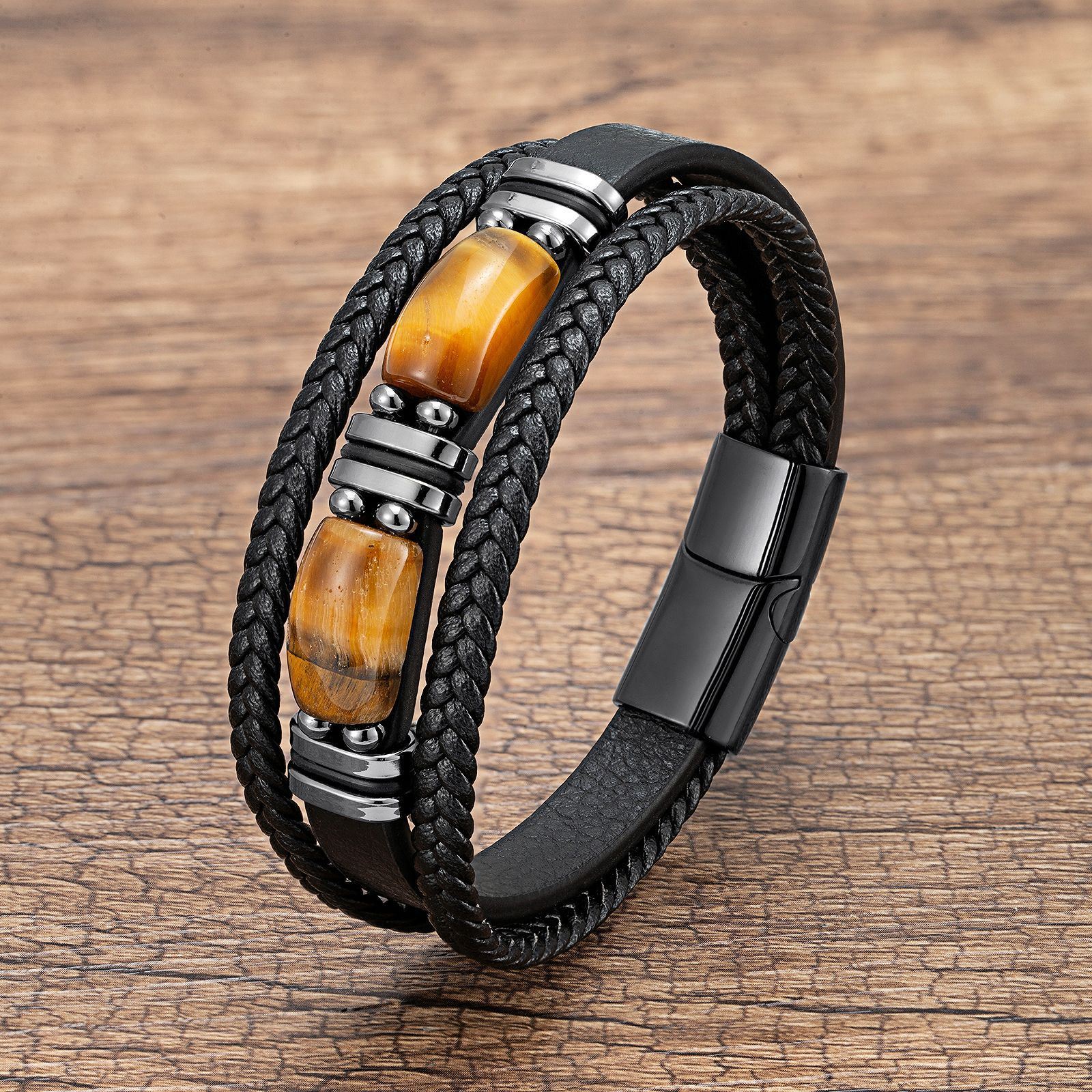 Men's Tiger Eye Bracelet Multilayer Leather Strap