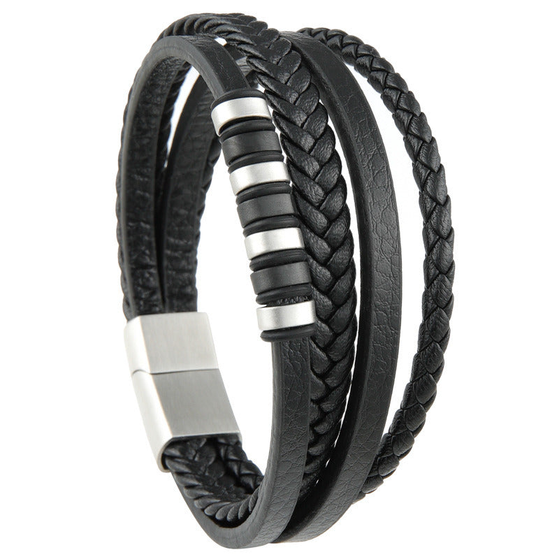 Fashion Punk Stainless Steel Woven Men's Leather Rope Brace Lace Bracelet