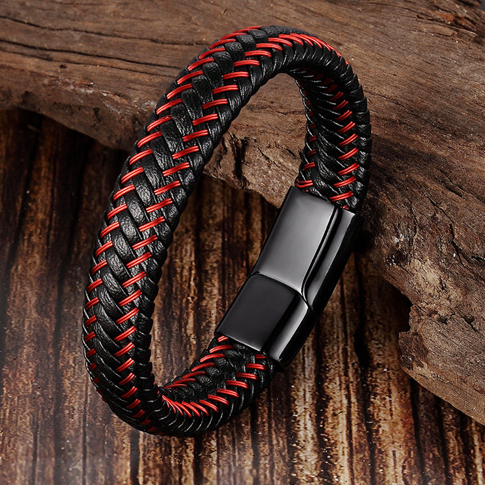 Leather Cord Bracelet Stainless Steel Woven Men's Cowhide Jewelry