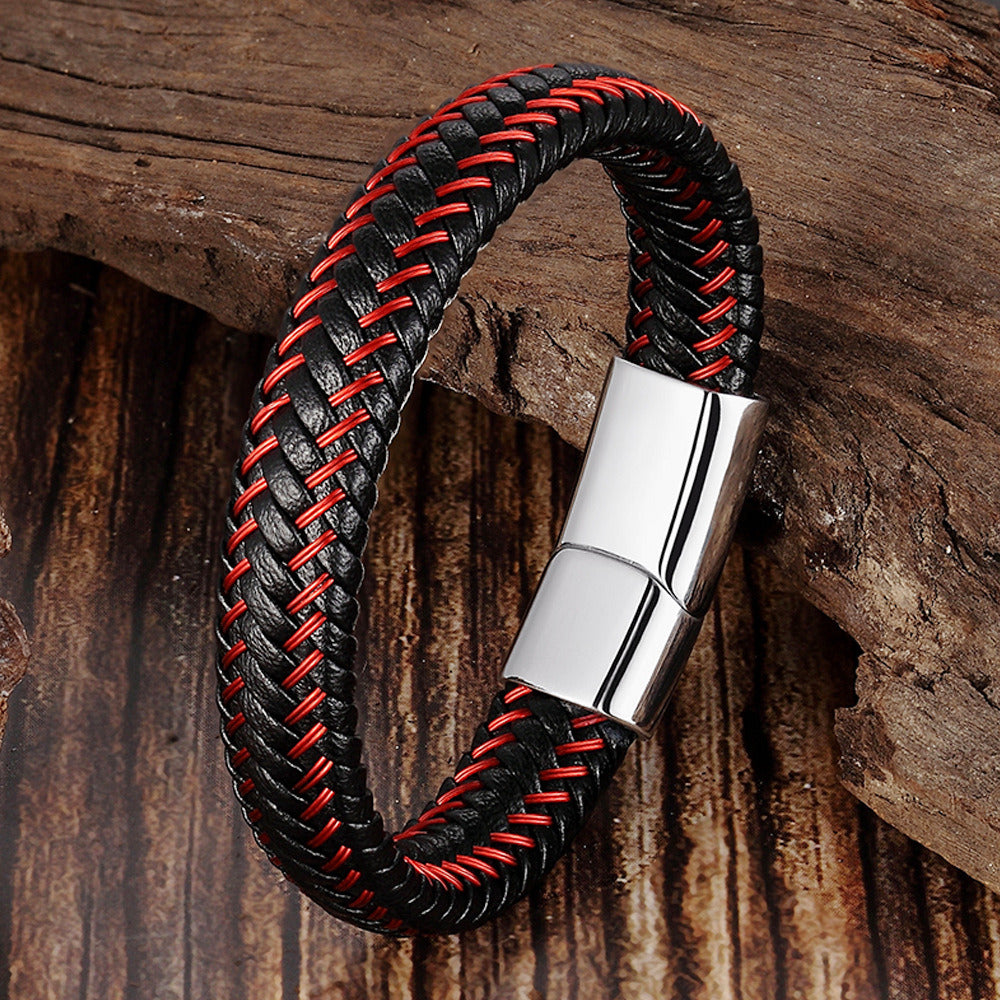 Leather Cord Bracelet Stainless Steel Woven Men's Cowhide Jewelry