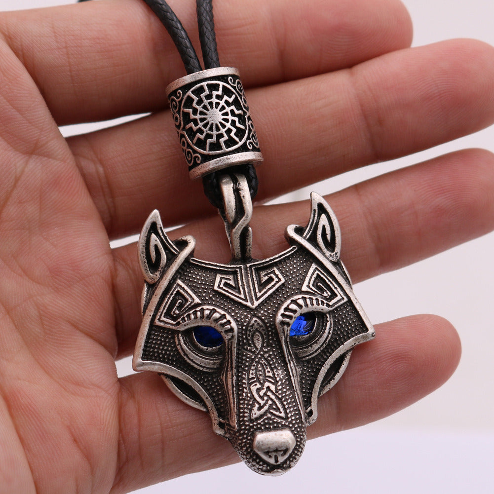 Viking Wolf Head Blue Eye Necklace With Celtic Knot Rune