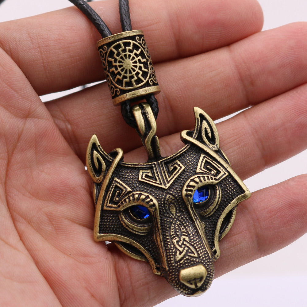 Viking Wolf Head Blue Eye Necklace With Celtic Knot Rune