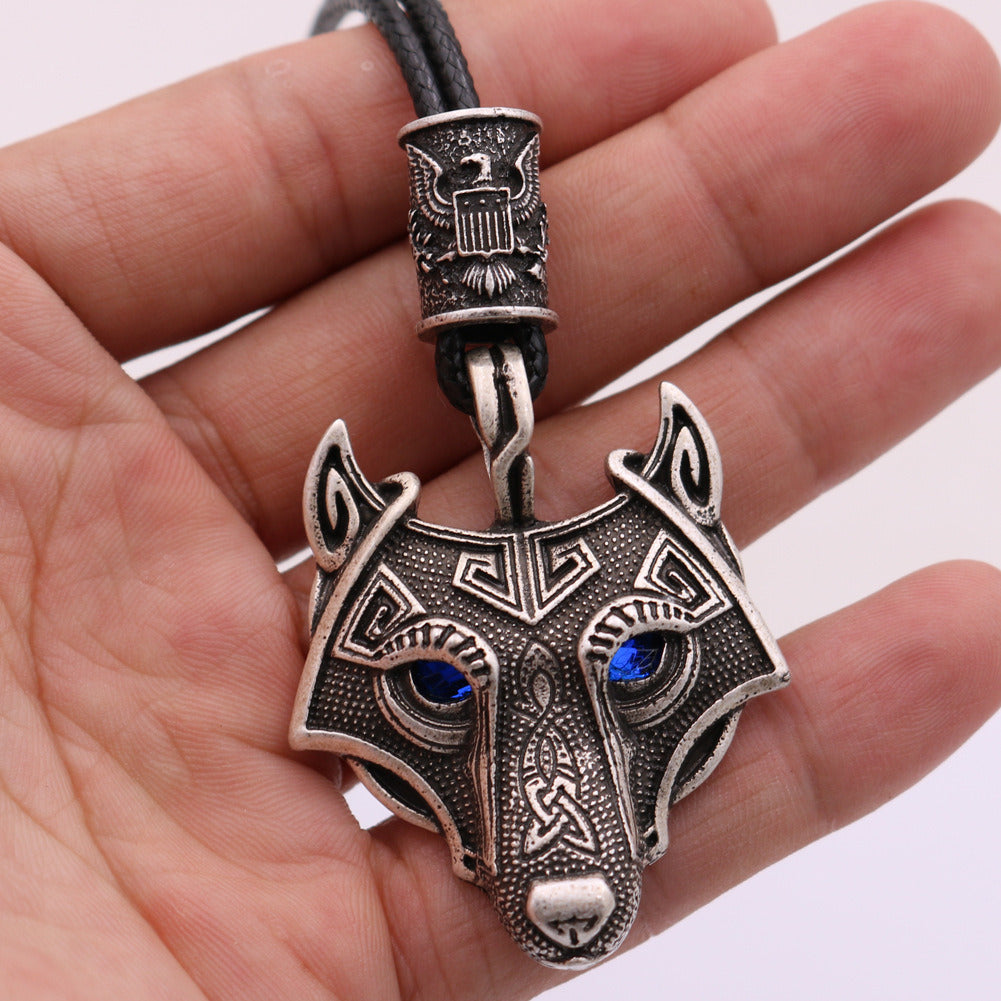 Viking Wolf Head Blue Eye Necklace With Celtic Knot Rune