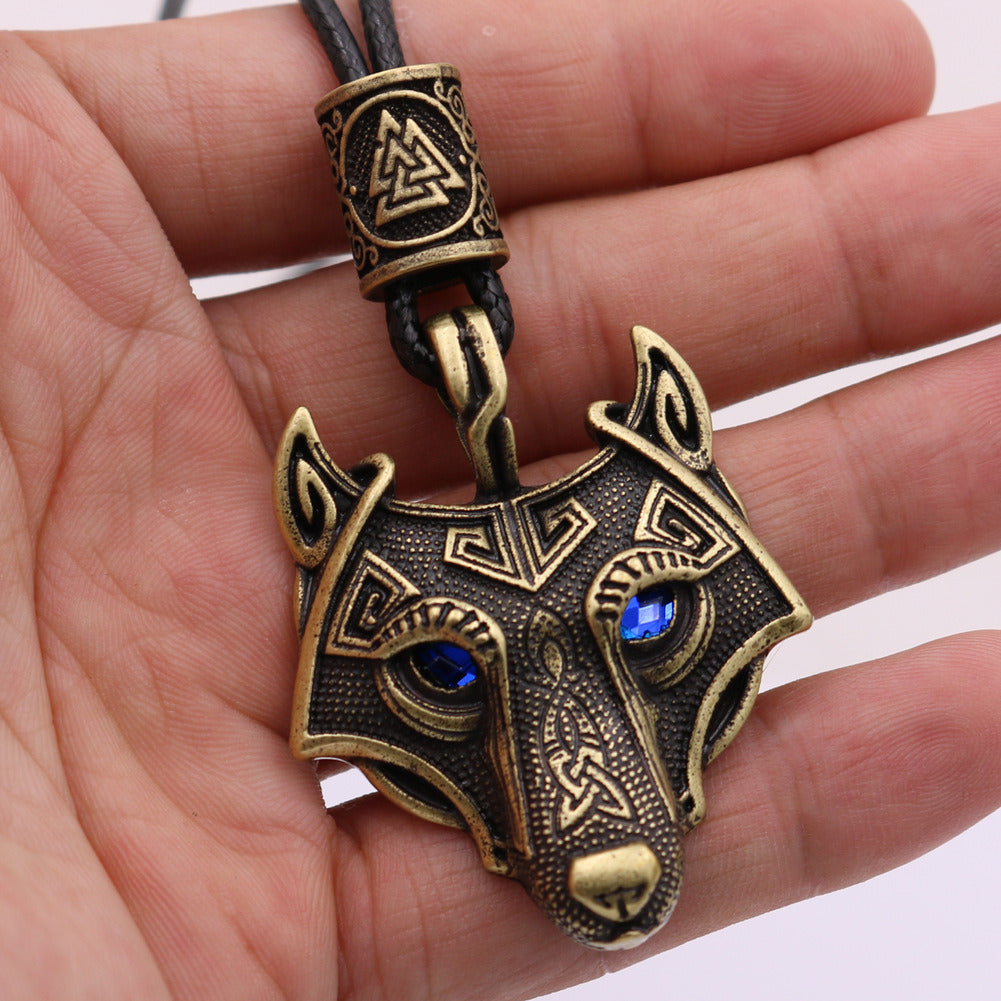 Viking Wolf Head Blue Eye Necklace With Celtic Knot Rune