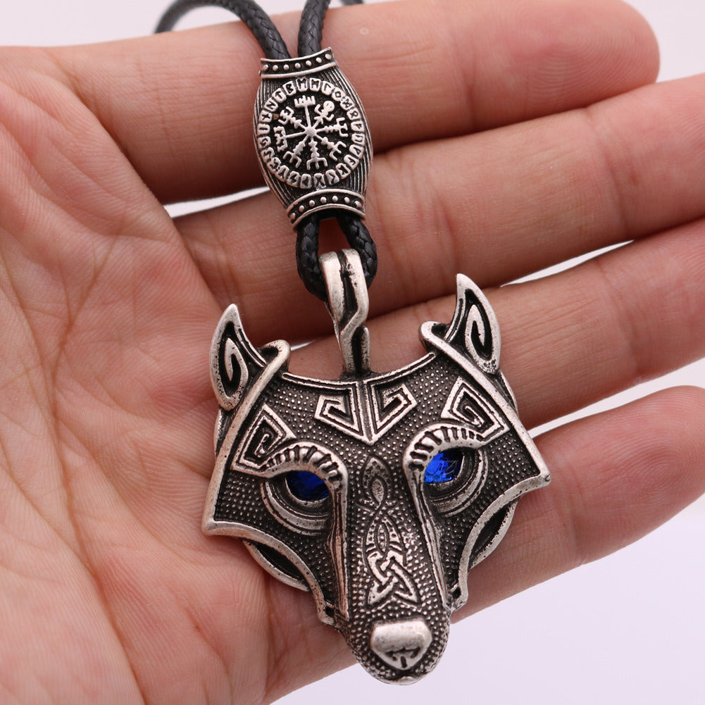 Viking Wolf Head Blue Eye Necklace With Celtic Knot Rune