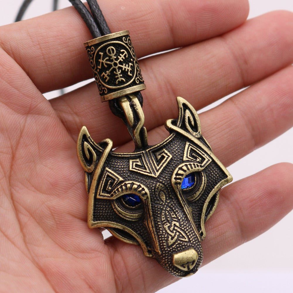 Viking Wolf Head Blue Eye Necklace With Celtic Knot Rune